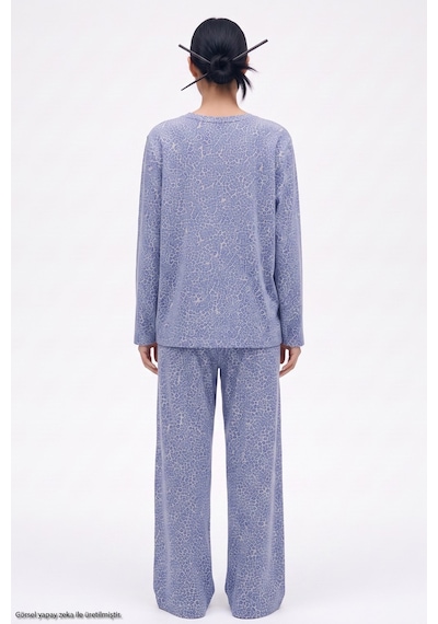 Siyah İnci Leopar Baskılı Örme Pijama Takım 8078 Mavi Leopar