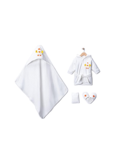 0 1 Yaş Bebek Bornoz Seti %100 Pamuk Civciv Figürlü 4 Parça Bornoz + Havlu + Terlik + Kese Bej