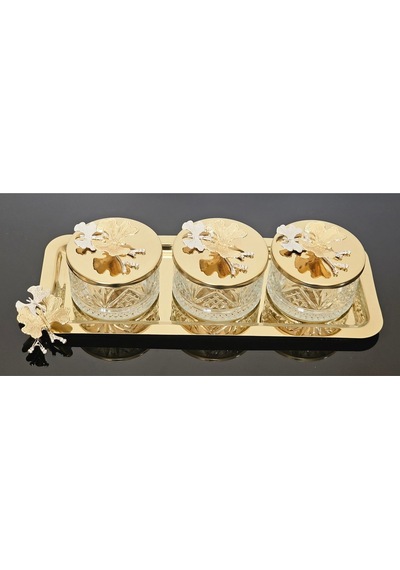 Atabey Home Collection 3'lü Kelebekli Gold Tepsili Kase Seti & Şekerlik & Sunumluk & Çerezlik