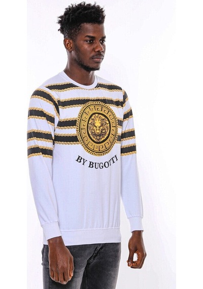 Beyaz Baskılı Taşlı Bisiklet Yaka Sweatshirt - Wessi Siyah