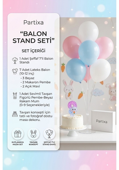 Tavşan Temalı Pembe Beyaz Rakam Mum Ve Balon Standı Seti - Kız Çocuk Doğum Günü Parti Süsleri 0-9 Yaş 1 - 12 Yaş