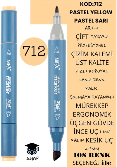 Çift Taraflı Profesyonel Çizim Kalemi Kalıcı Mürekkep Üçgen Gövde İnce Uç 1 Mm Kesik Uç 2-6mm Sketch 712-pastel Sarı