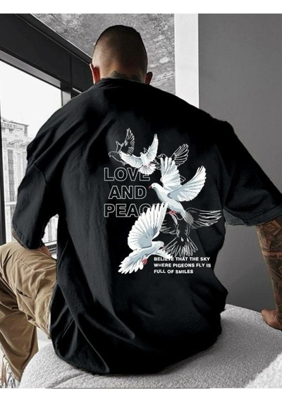 Love And Peace Baskılı Oversize Tişört SIYAH