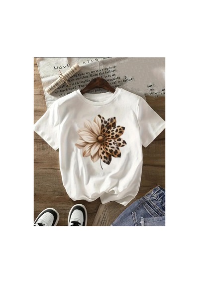 Herkesemoda Çiçek Baskılı Basic T-shirt Beyaz