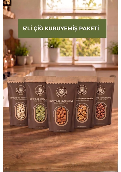 Çiğ Kuruyemiş Paketi, 5'li Set, 100gr Kaju, Badem, Fındık, İç Kabak Çekirdeği, Ceviz, Yulaf Ezmesi 0.75 LT - 2.5 LT - 12 KG