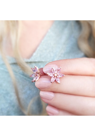 Vaoov 925 Ayar Gümüş Pembe Taşlı Lotus Çiçeği Küpe