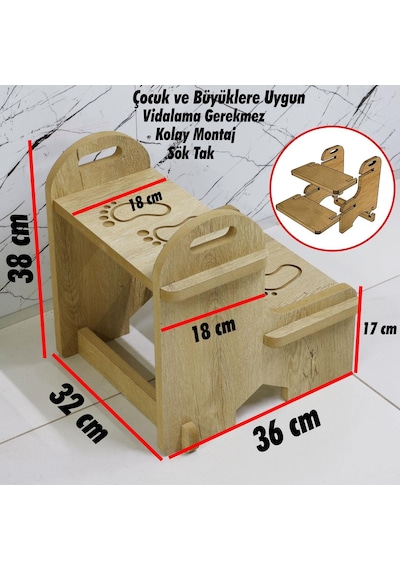 Mdf Ahşap Dekoratif Basamak Tabure Çocuk Bebek Banyo Wc Lavabo Merdiven Yükseltici Eğitici Kaymaz Taban Montessori