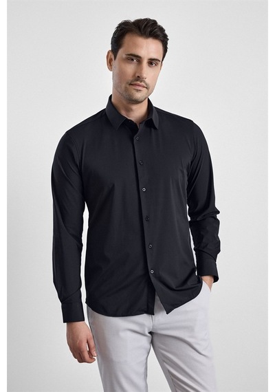 Süvari Siyah Slim Klasik Yaka Düz Casual Gömlek Gm1008400364-s09