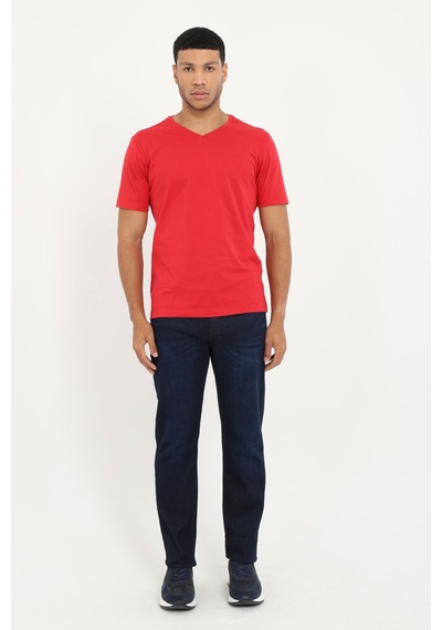 Dufy Erkek Slim Fit V Yaka Kırmızı T-shirt-19167 Kirmizi