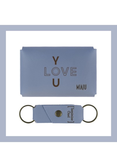Miaju Gök Mavi, I Love You Yazılı, Sevgiliye Özel Cüzdan Ve Anahtarlık Set, Romantik Sevgiliden Hediye Gök Mavi Açık Mavi