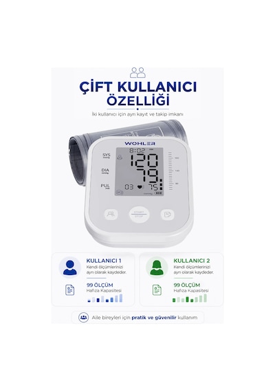 Wohler Üst Koldan Ölçer Dijital Tansiyon Aleti , Nabız Ölçer, TYPC-E , 99 Ölçüm Hafıza Çantalı