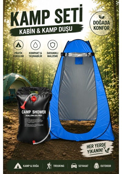 Kamp Duşu Ve Wc Duş Kabini Seti - Katlanabilir Portatif Kamp Duş Çadırı 20l Güneş Enerjili Duş Seti Mavi