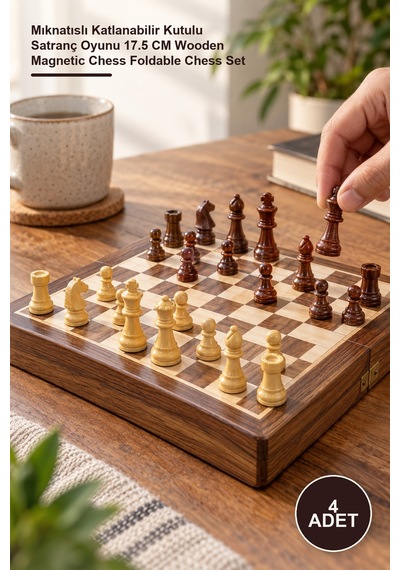 4 Adet Ahşap Satranç Takımı Mıknatıslı Katlanabilir Kutulu Satranç Oyunu 17.5 Cm Wooden Magnetic Chess Foldable Chess Set