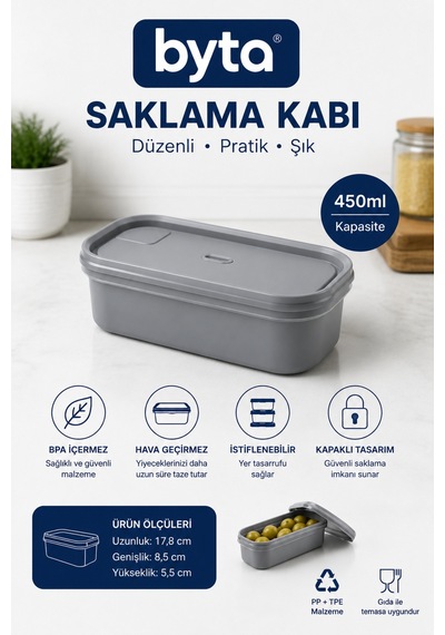 Kapaklı Dikdörtgen Saklama Kabı 600 Ml Bpa Free Gıda Saklama Kutusu Kahvaltılık Ve Buzdolabı Düzenleyici Gri Şeffaf