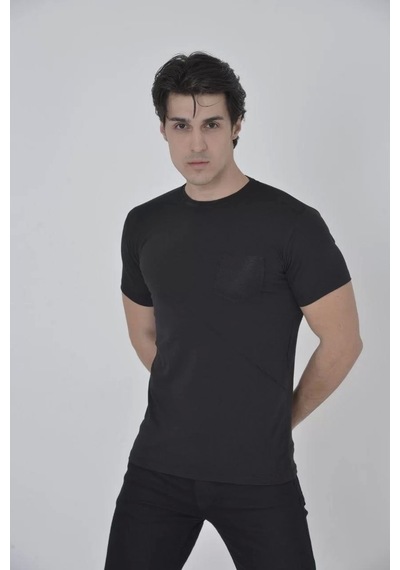 Erkek File Cepli Slim Fit T-shirt - Siyah