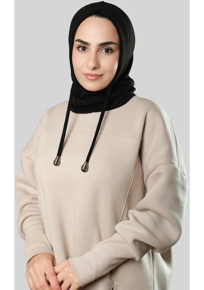 Hürrem Bone Siyah Bağcıklı Balaklava Boyunluklu Bere Triko Düz 2325 01 Siyah
