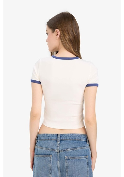 Defacto Coool Fitted Crop Bisiklet Yaka Baskılı Ribana Kısa Kollu Tişört F2785ax25smwt32 Beyaz