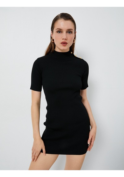Koton Mini Triko Elbise Fitilli Kısa Kollu Dik Yaka Siyah 4wak80013ht 4WAK80013HT999