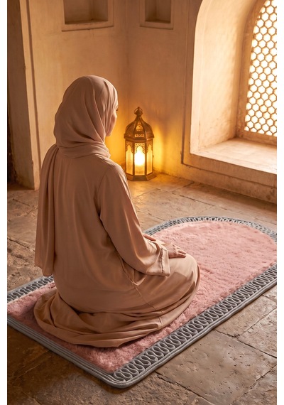 Mihraplı Peluş Seccade 75x130 Cm Süet Taban Yıkanabilir Yumuşak Namaz Halısı Pembe & Gri