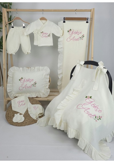 Gros Shop Müslin Yeni Doğan 4katlı Organik %100pamuk Kişiye Özgü Nakışlı Hastane Çıkış Seti Güllü Model-2 Ekru-1