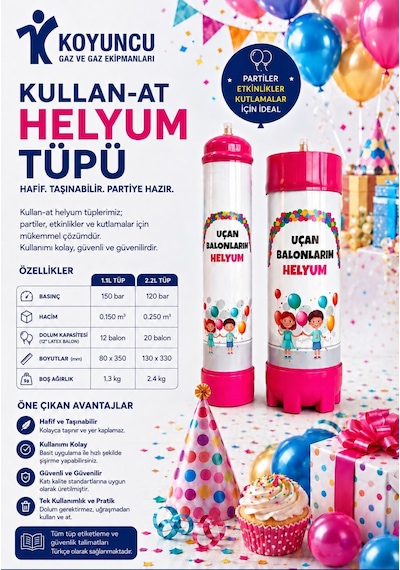 2.2 Kg Helyum Gazı - Uçan Balon Şişirme Gazı - Ses Değiştirme - Kullan At Tüp Şeffaf