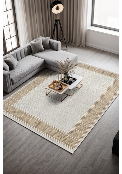 Talis Ct017a Gri Halı Gold Kenar Çerçeveli Modern Parlak Yumuşak Kadife Salon Mutfak Halısı Krem