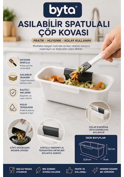 Asılabilir Spatulalı Mutfak Çöp Kovası Tezgah Üstü Organik Atık Toplama Kabı Bpa İçermez Tutma Aparatı Kırmızı Veya Siyah Gönderilir Beyaz