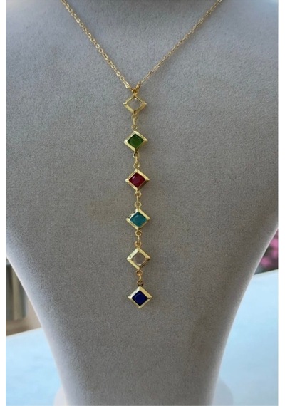 Kadın Gold Renk Çok Renkli Zirkon Taşlı Y Model Kolye
