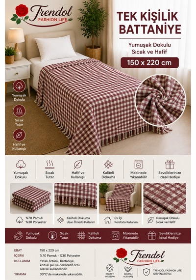 Tek Kişilik Battaniye 150x220 Cm %70 Pamuk %30 Polyester Yumuşak Dokulu Sıcak Tutuu Ekose Battaniye Mor Mor