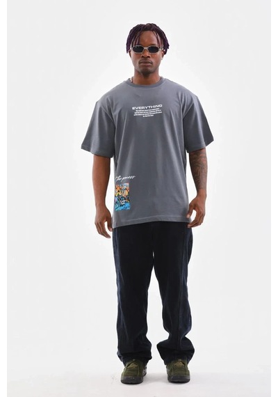 Erkek Bisiklet Yaka Baskılı Oversize T-shirt - Gri Gri