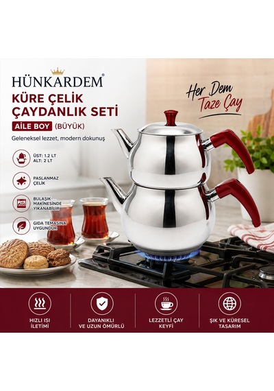 Aile Büyük Boy Küre Çelik Çaydanlık Seti Üst: 1.2lt - Alt: 2lt 4915