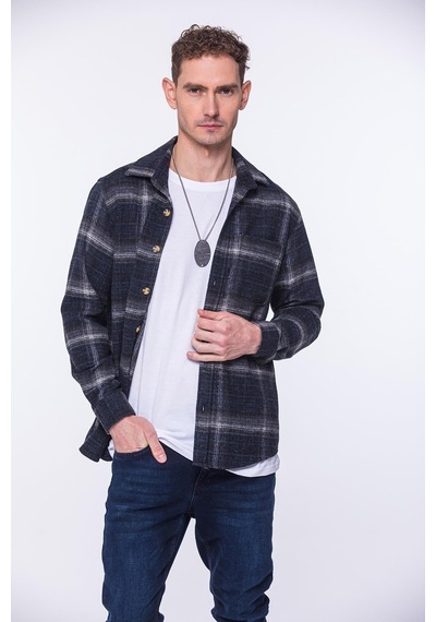 Oversize Oduncu Yumuşak Dokulu %100 Cotton Kareli Hediye Kutulu Erkek Gömlek Fs-002201 - Lacivert-1735