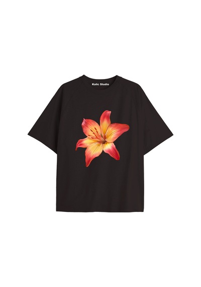 Kalic Studio Kadın Çiçek Özel Baskılı Renkli Oversize Penye Pamuklu Bisiklet Yaka T-shirt Siyah-23