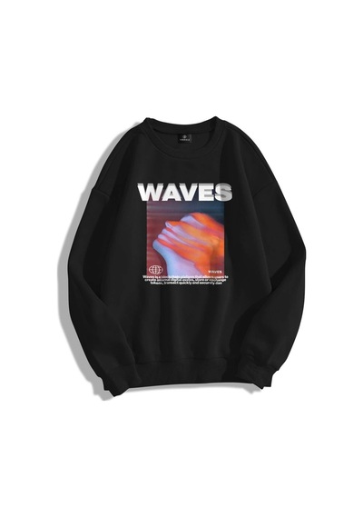 Startmore Unisex Waves Bisiklet Yaka Sweatshirt Siyah Siyah
