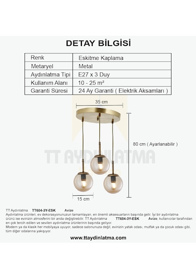 Tt604-3y-fullesk Tt Ayd. Eskitme Kaplama 3 Lü Tijli Glop Avize Eskitme - Bal Cam