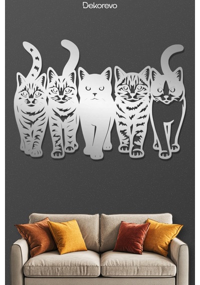Kedi Çetesi Beşli Kedi Silüeti Metal Duvar Dekoru - Metal Duvar Sanatı - Krom - 75 X 50 Cm