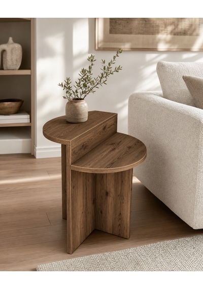 Luna Yan Sehpa Oval Hatlı Ahşap