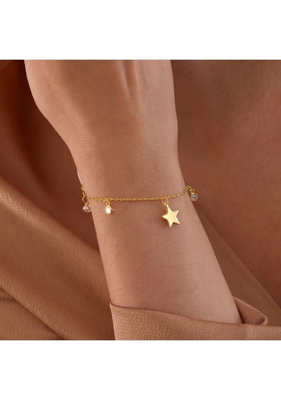 Queen Silver Jewelry 925 Ayar Gümüş Yıldız Objeli Zirkon Taş Sallantılı Bileklik Altın