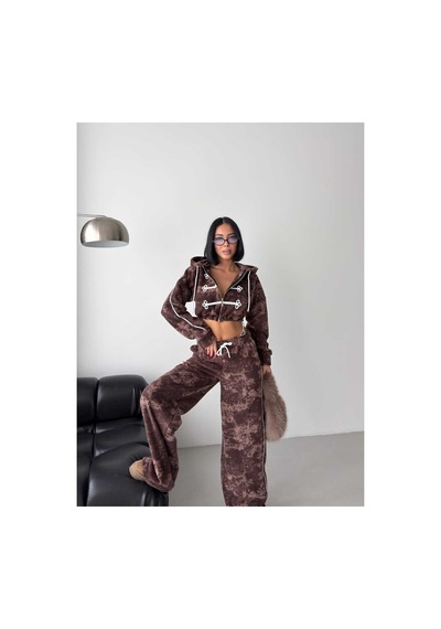 Evoa Kadın Kahve Kapşonlu Crop Sweat Eşefoman Takım Kahverengi