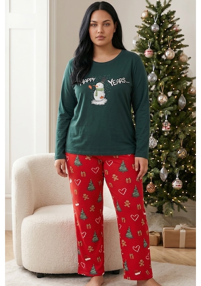 Siyah İnci Pamuklu Likralı Büyük Beden Battal Boy Örme Pijama Takım 26240933 Yeşil