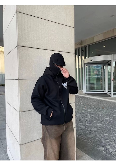 Samuray Kapşonlu Zıp Fermuarlı Kapşonlu Sweatshirt - Siyah Siyah