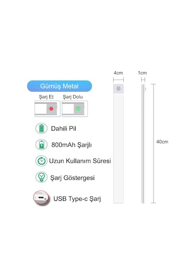 Hymark 40cm Sensörlü Alüminyum Usb Şarjlı Led Gece Lambası 3 Renk