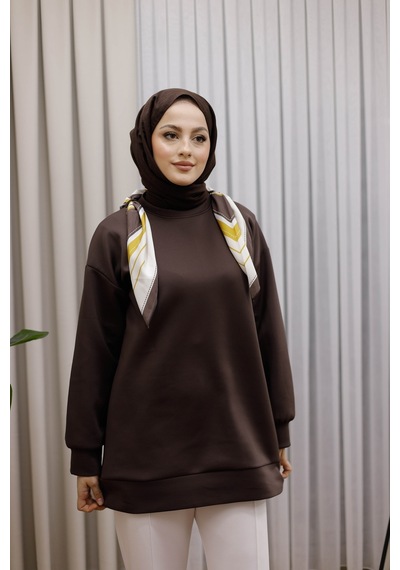 Moonsc Kadın Regular Fit Pamuklu Yaka Fularlı Bisiklet Yaka Kahverengi Tunik
