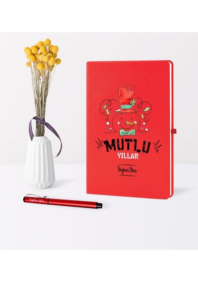 Kişiye Özel Yılbaşı Mutlu Yıllar Temalı Kırmızı Defter Kalem Seti - 5