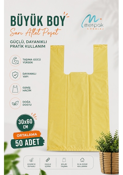 Kalın Sarı Poşet Büyük Boy 1 Kg 30x60 Cm Market Manav Poşeti Çöp Poşeti Hışır Atlet Poşet