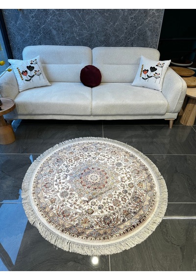 Orfe İpek Tuşeli Halı Salon Halısı, Oturma Odası Halısı, Antre Giriş Halısı Yuvarlak Bej