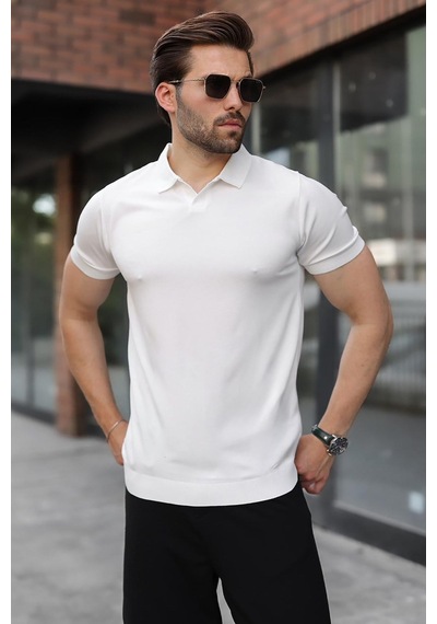 Madmext Beyaz Regular Fit Polo Yaka Triko Erkek Tişört E7502
