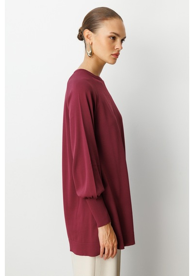 Mizalle Premium Rayon Balon Kol Mürdüm Triko Kazak Mürdüm