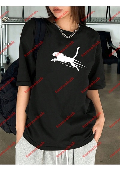 Tarzsokak Unisex Jaguar Baskılı Tshirt Beyaz Siyah