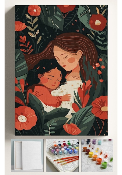 Sayılarla Boyama Çerçeveli Hobi Seti Numaralı Tuval Fırça Boya Kasnaklı 40x50cm Anne Kız Sevgi